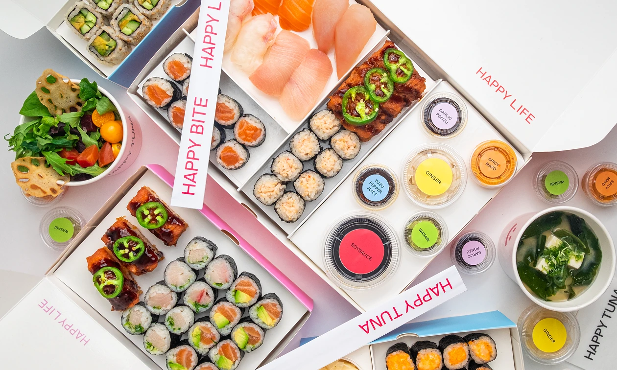 Buffet-style sushi catering spread at a Midtown Manhattan office event